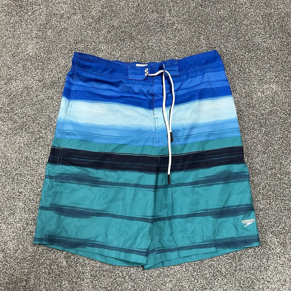 Speedo Board Shorts Mens Large Blue Striped Swim Trunks Drawstring Beach